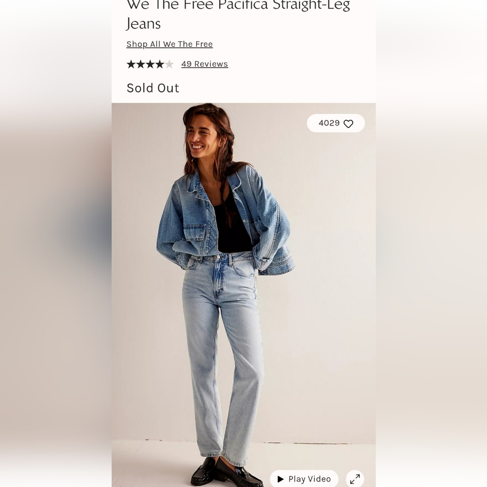 EUC Free People We The Free Pacifica Straight Leg Jeans SOLD OUT Size 32